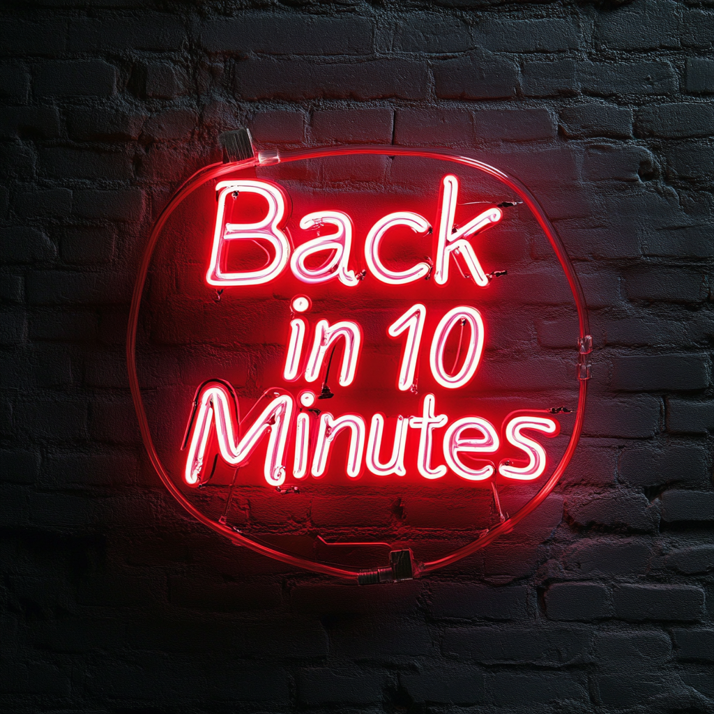 Back in 10 Minutes - Red Neon Sign, 18 Inches