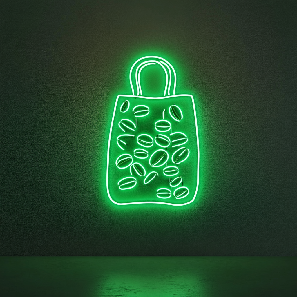 Bag of Coffee Beans - Green Neon Sign, 24 Inches