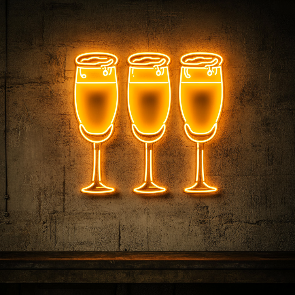 Beer Flight with Four Glasses - Yellow Neon Sign, 24 Inches
