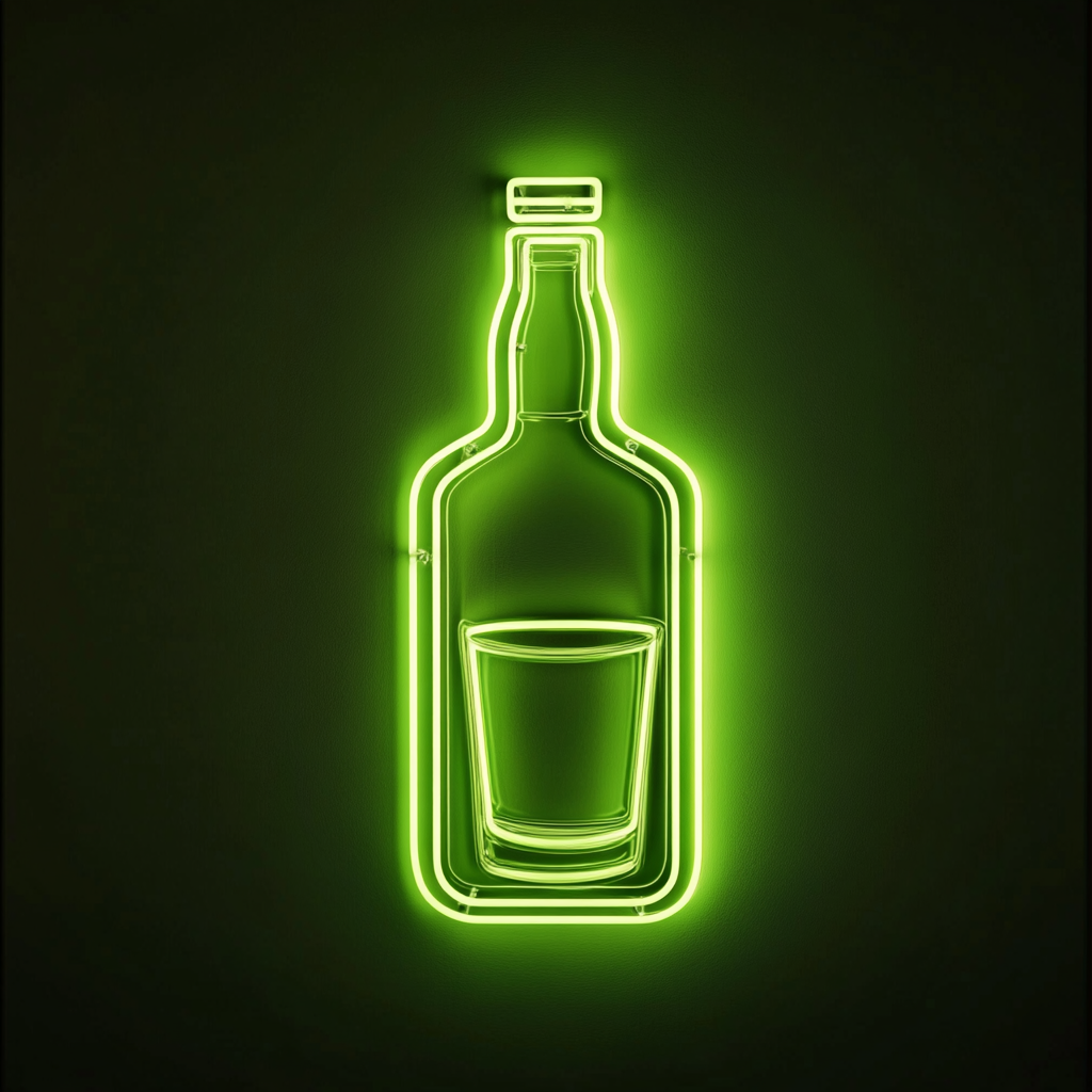 Bottle of Whiskey with Glass - Green Neon Sign, 24 Inches