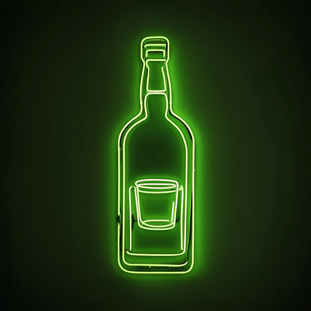 Bottle of Whiskey with Glass - Green Neon Sign, 24 Inches