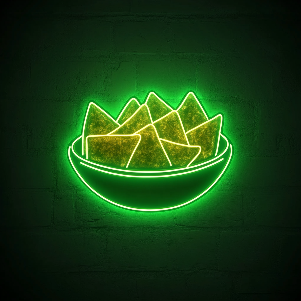 Bowl of Nachos with Cheese - Green Neon Sign, 18 Inches