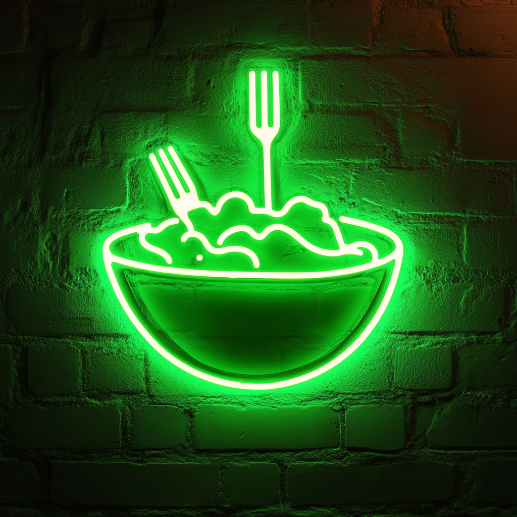 Bowl of Salad with Fork - Green Neon Sign, 24 Inches