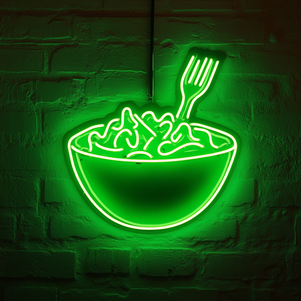 Bowl of Salad with Fork - Green Neon Sign, 24 Inches