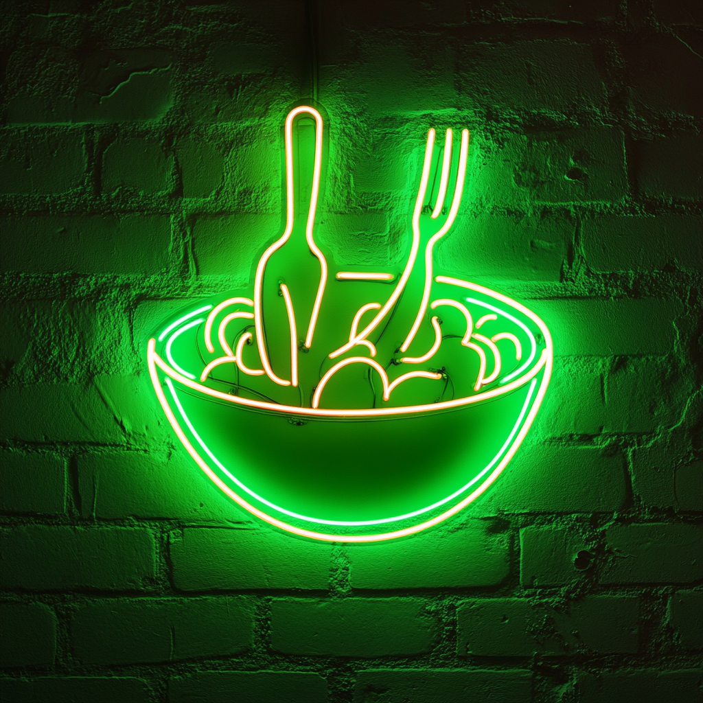 Bowl of Salad with Fork - Green Neon Sign, 18 Inches