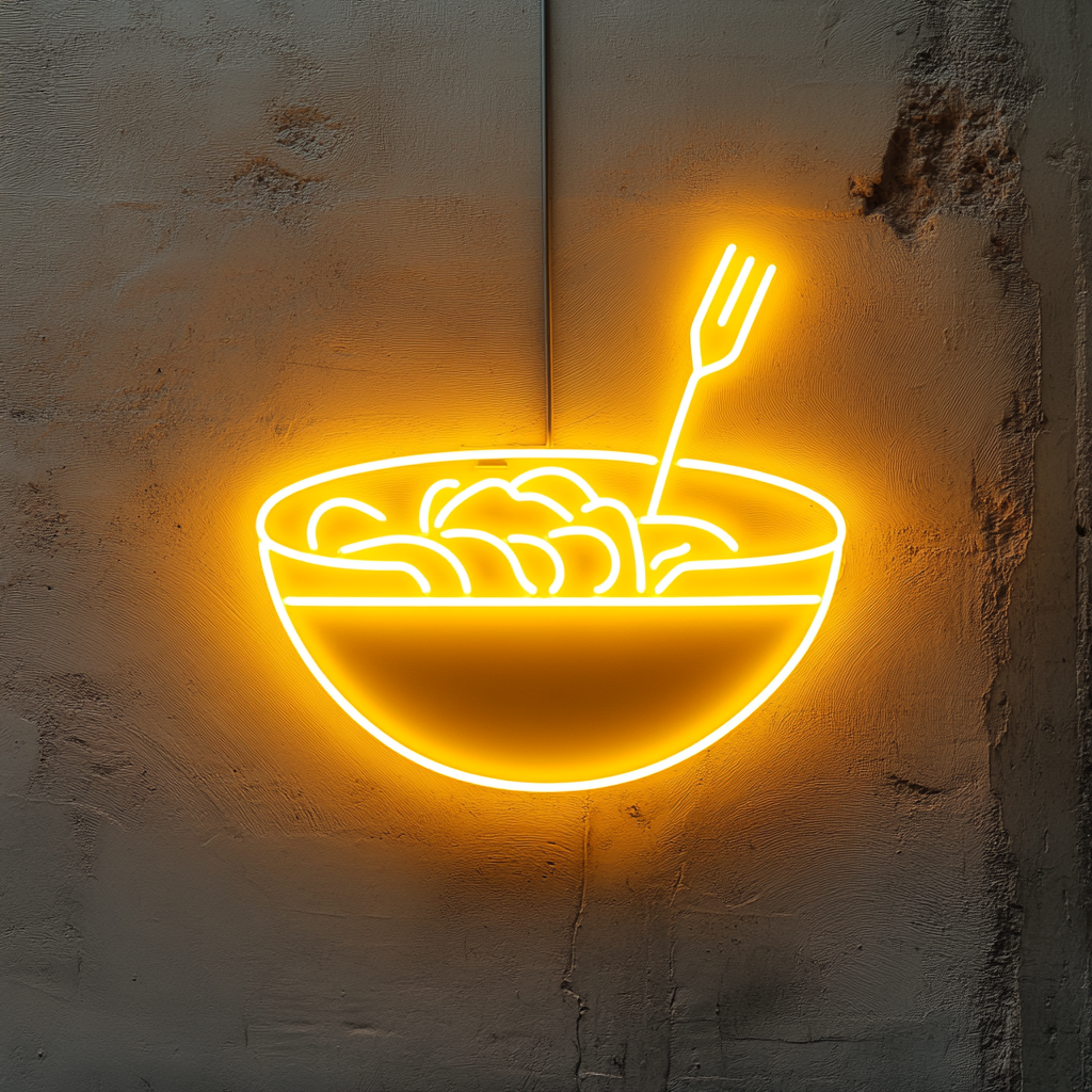 Bowl of Salad with Fork - Yellow Neon Sign, 18 Inches