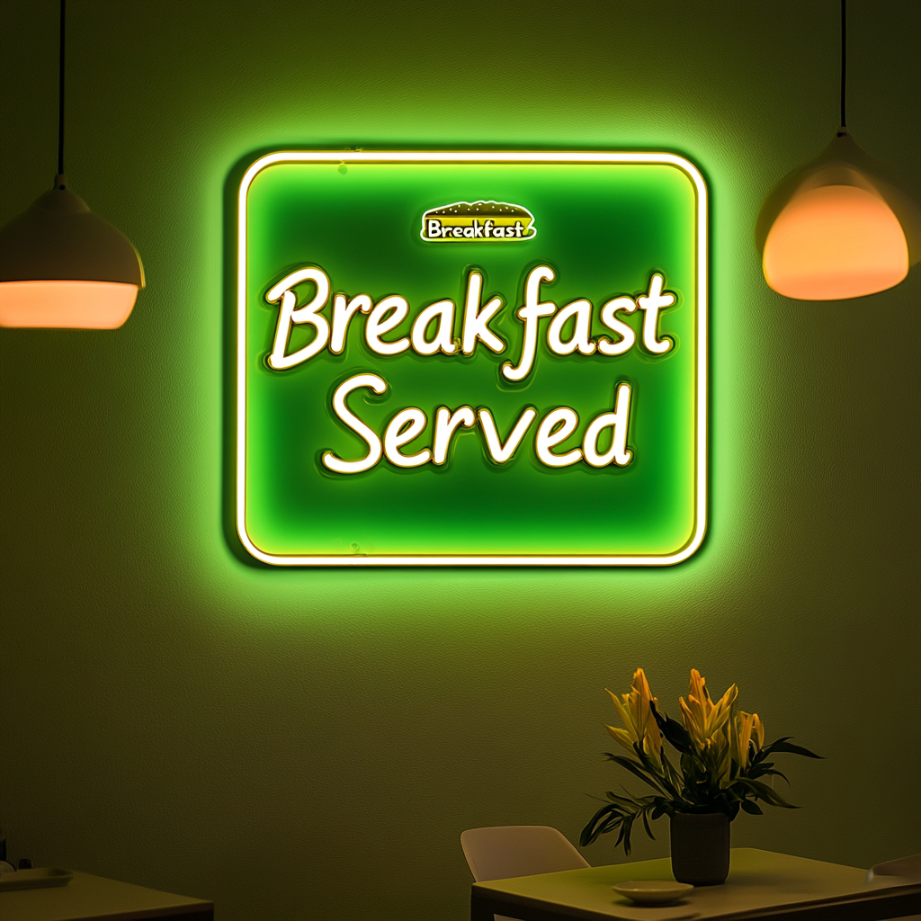 "Breakfast Served" - Green Neon Sign, 24 Inches