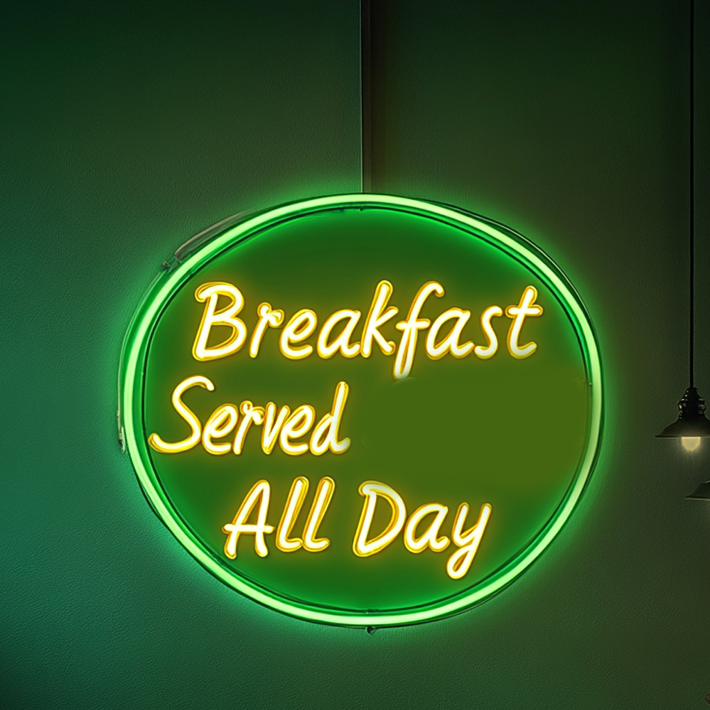 "Breakfast Served All Day" - Green Neon Sign, 24 Inches