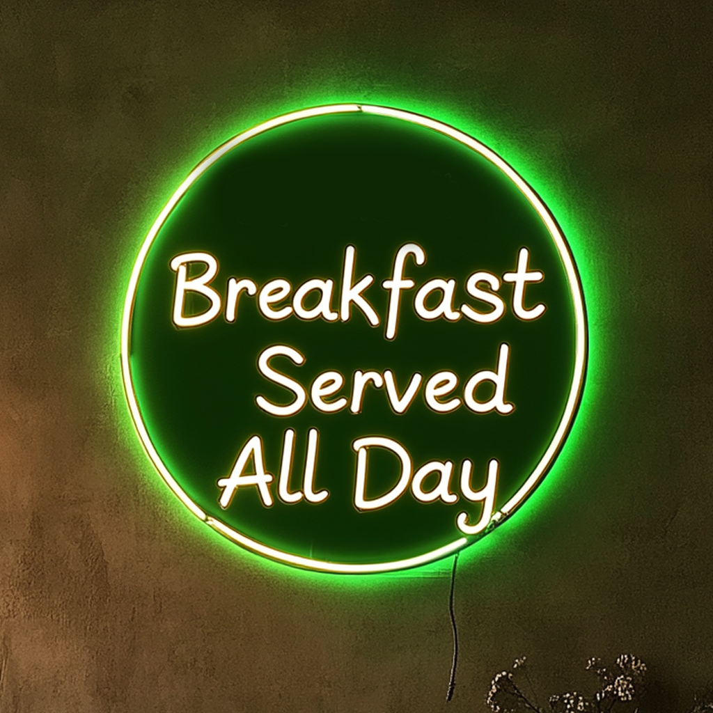 "Breakfast Served All Day" - Green Neon Sign, 24 Inches
