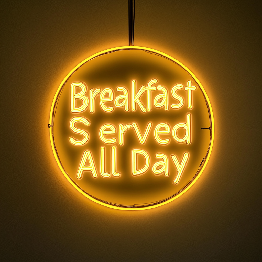 "Breakfast Served All Day" - Yellow Neon Sign, 24 Inches