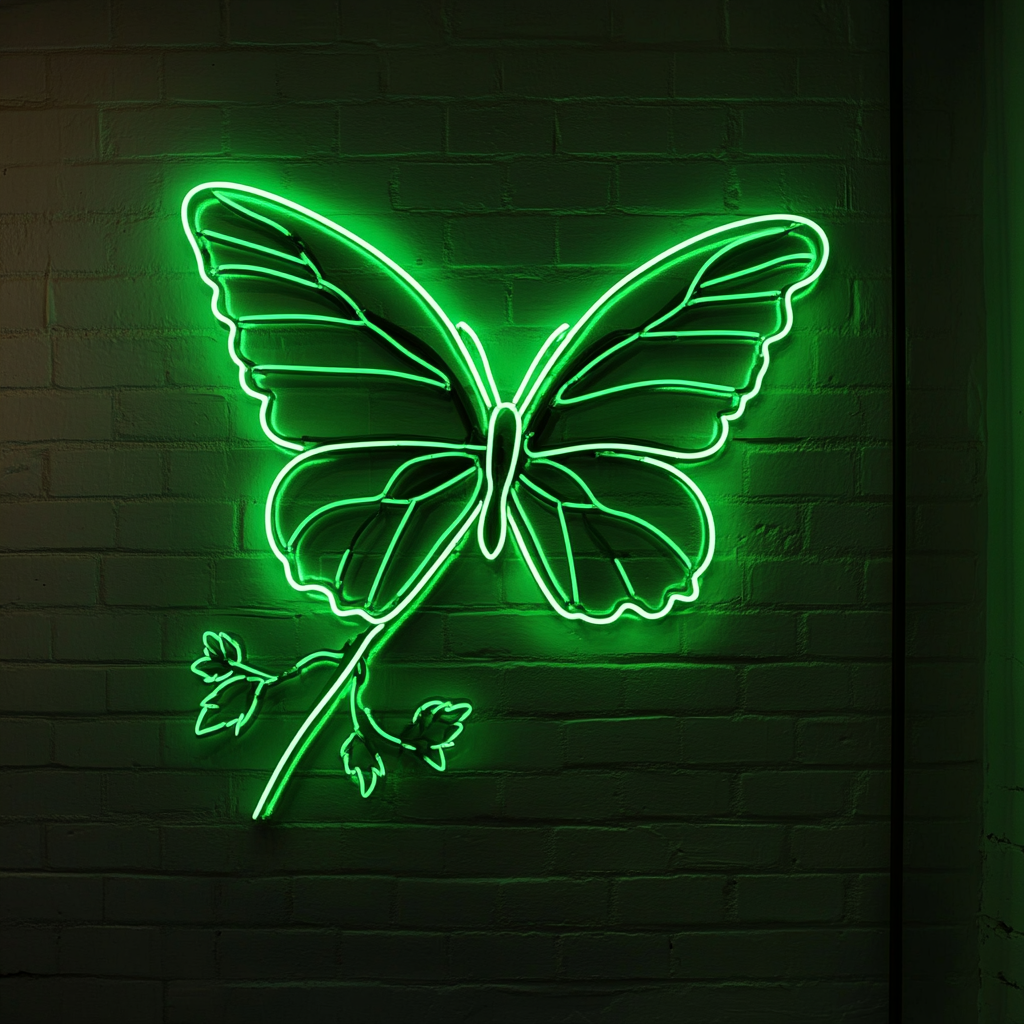 Butterfly on Branch - Green Neon Sign, 18 Inches