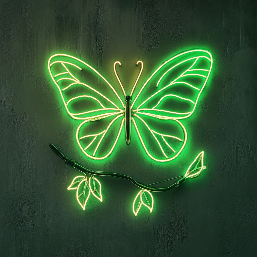 Butterfly on Branch - Green Neon Sign, 24 Inches