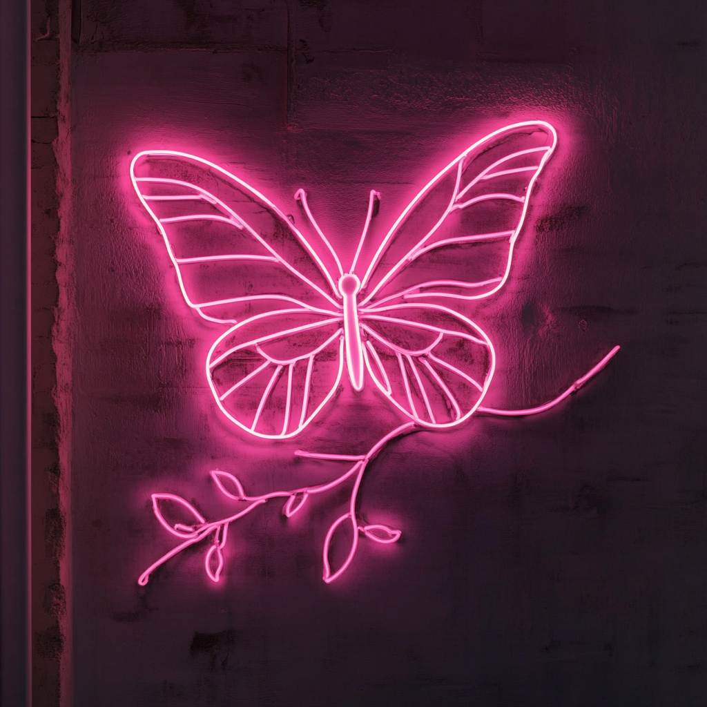Butterfly on Branch - Pink Neon Sign, 18 Inches