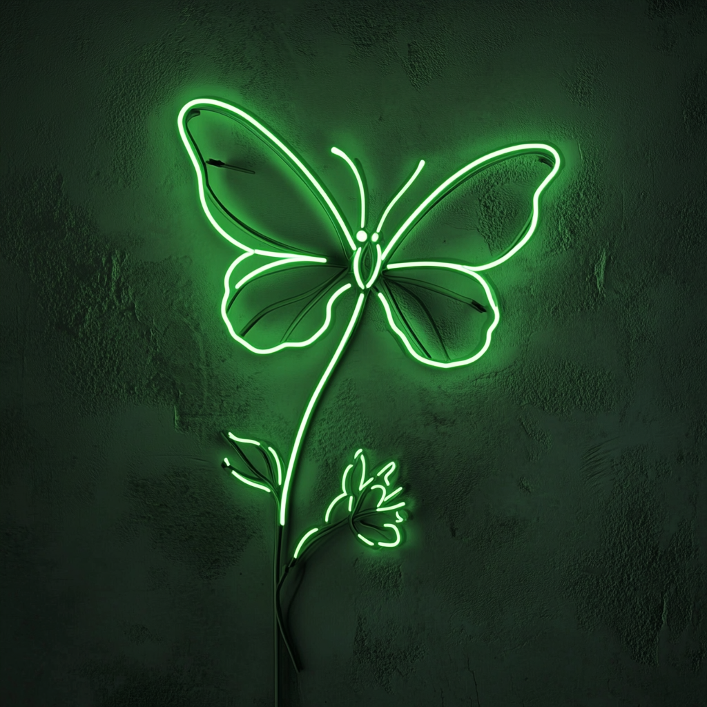 Butterfly on Flower - Green Neon Sign, 24 Inches