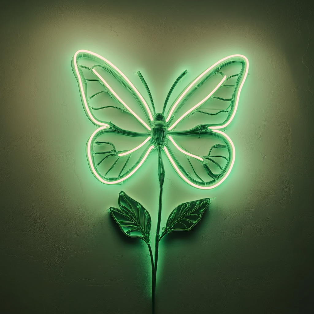 Butterfly on Flower - Green Neon Sign, 24 Inches