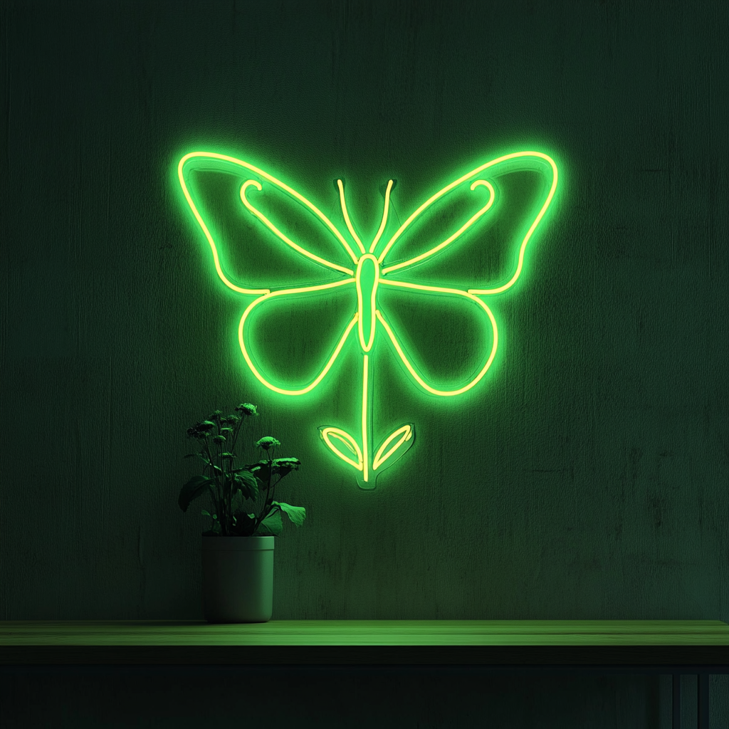 Butterfly on Flower - Green Neon Sign, 24 Inches