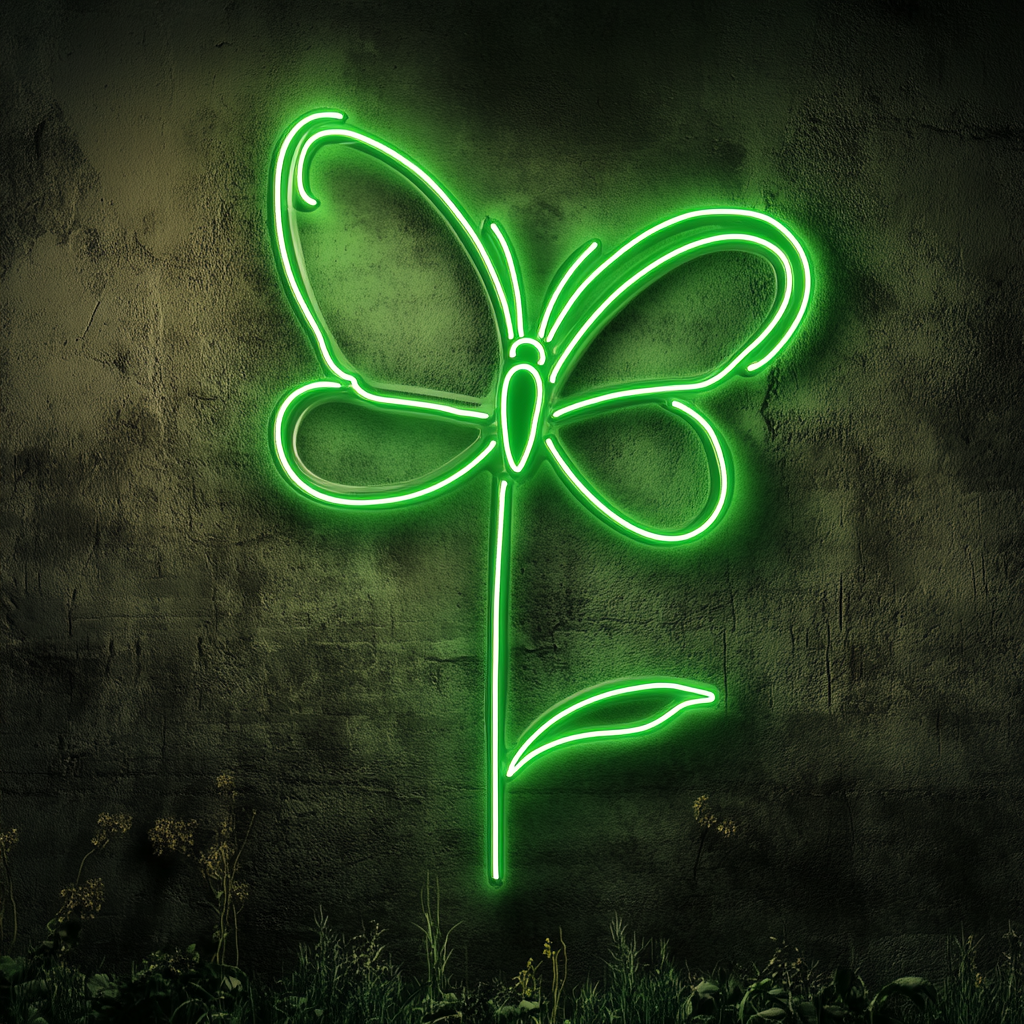 Butterfly on Flower - Green Neon Sign, 24 Inches