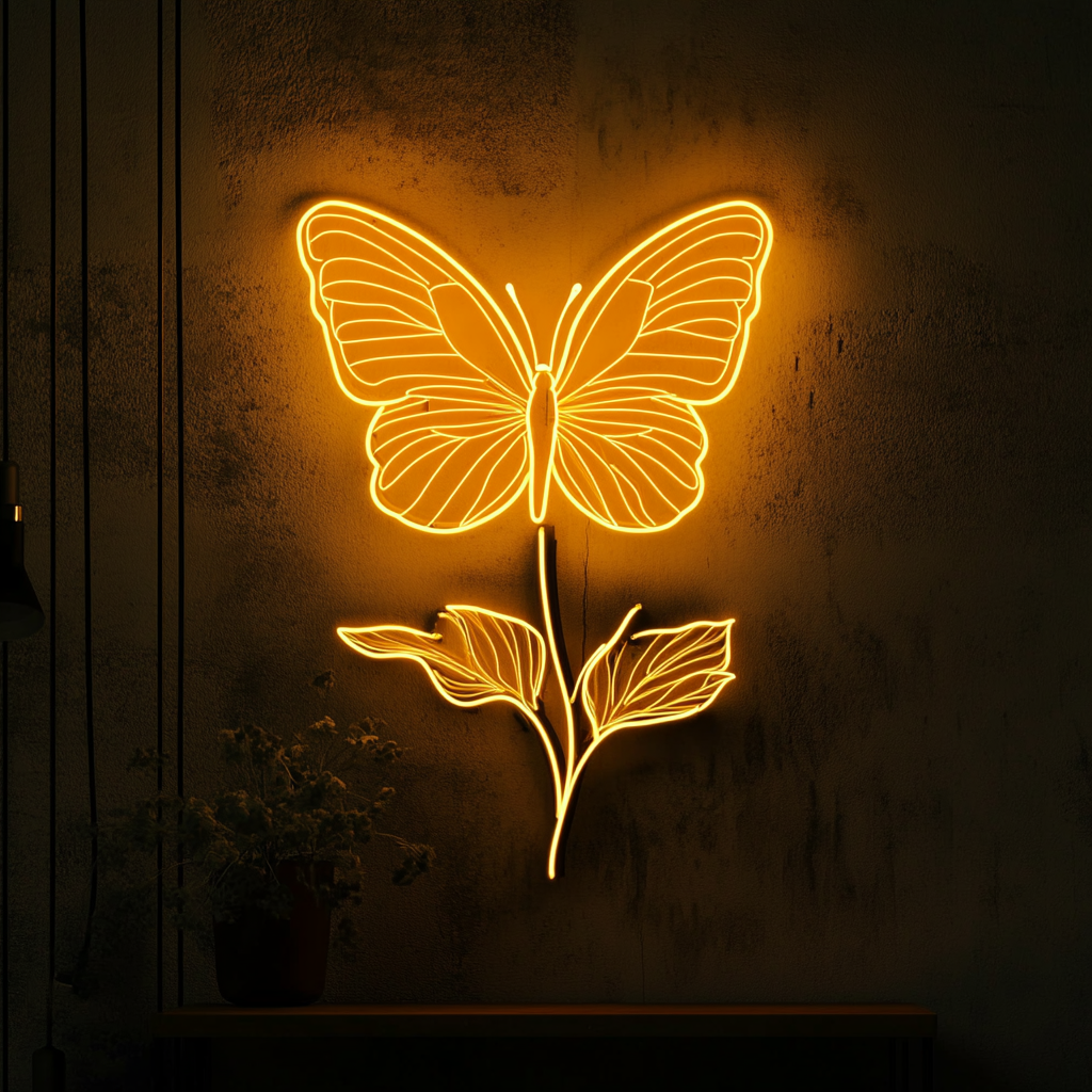Butterfly on Flower - Yellow Neon Sign, 24 Inches