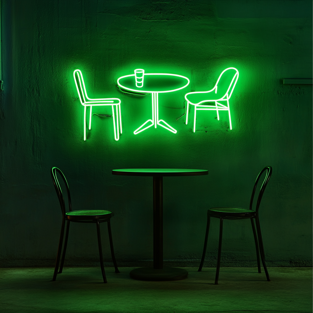 Cafe Table with Chair - Green Neon Sign, 18 Inches