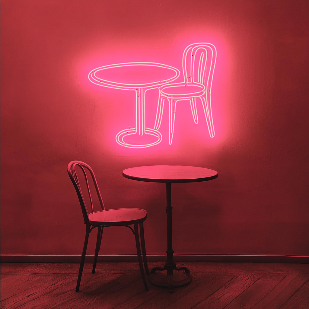 Cafe Table with Chair - Pink Neon Sign, 18 Inches