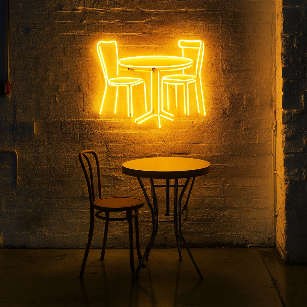Cafe Table with Chair - Yellow Neon Sign, 18 Inches
