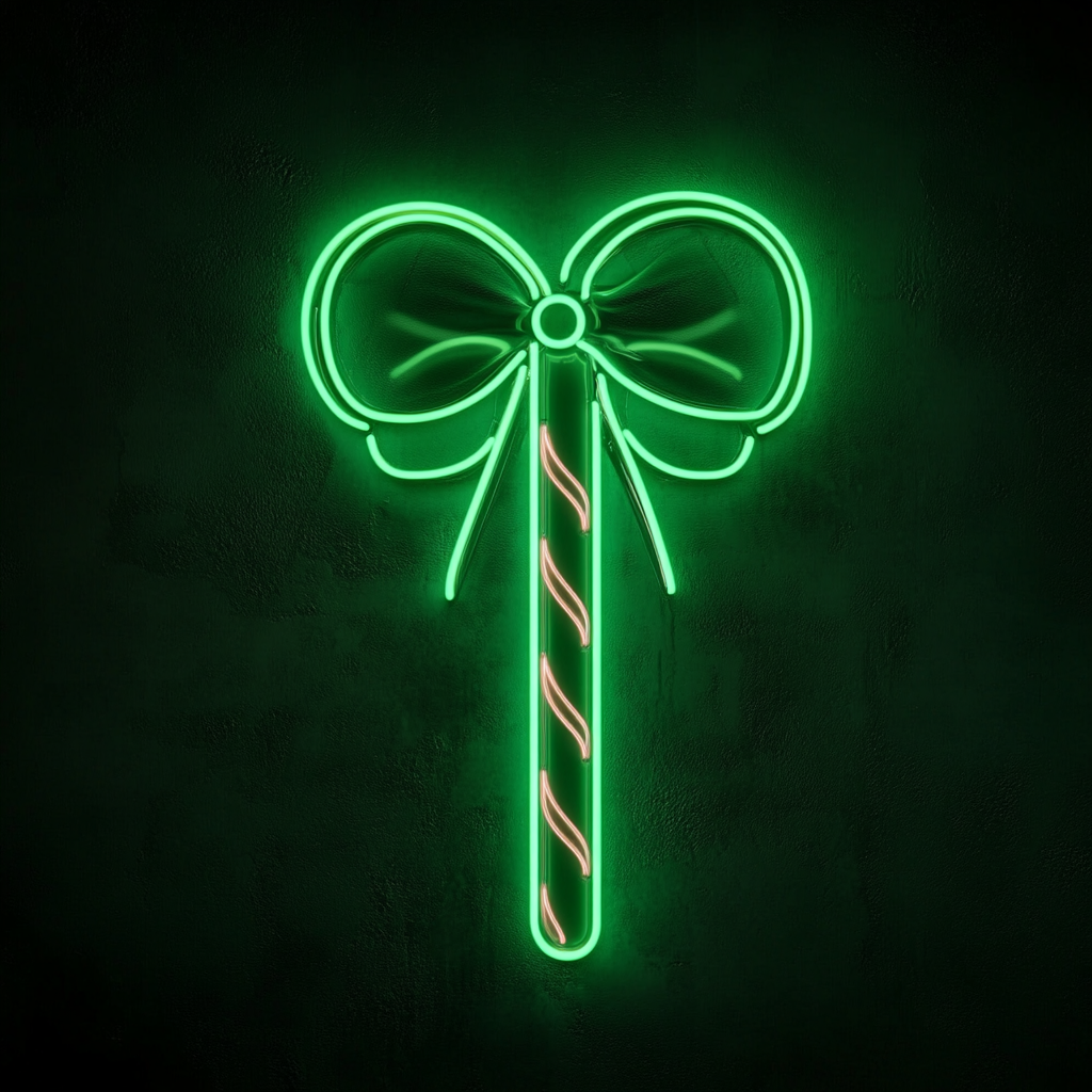 Candy Cane with Bow - Green Neon Sign, 18 Inches