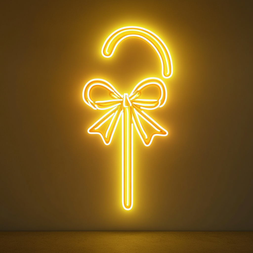 Candy Cane with Bow - Yellow Neon Sign, 18 Inches