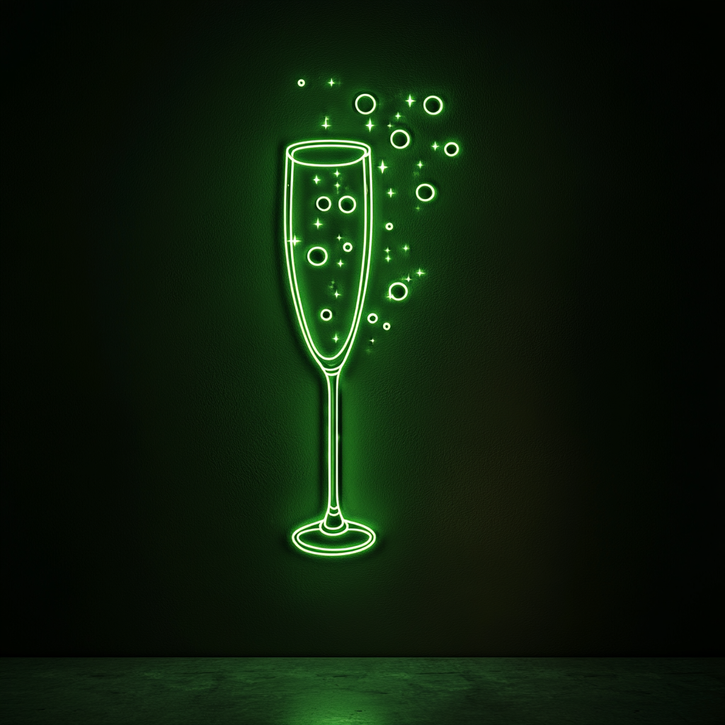 Champagne Flutes with Bubbles - Green Neon Sign, 18 Inches