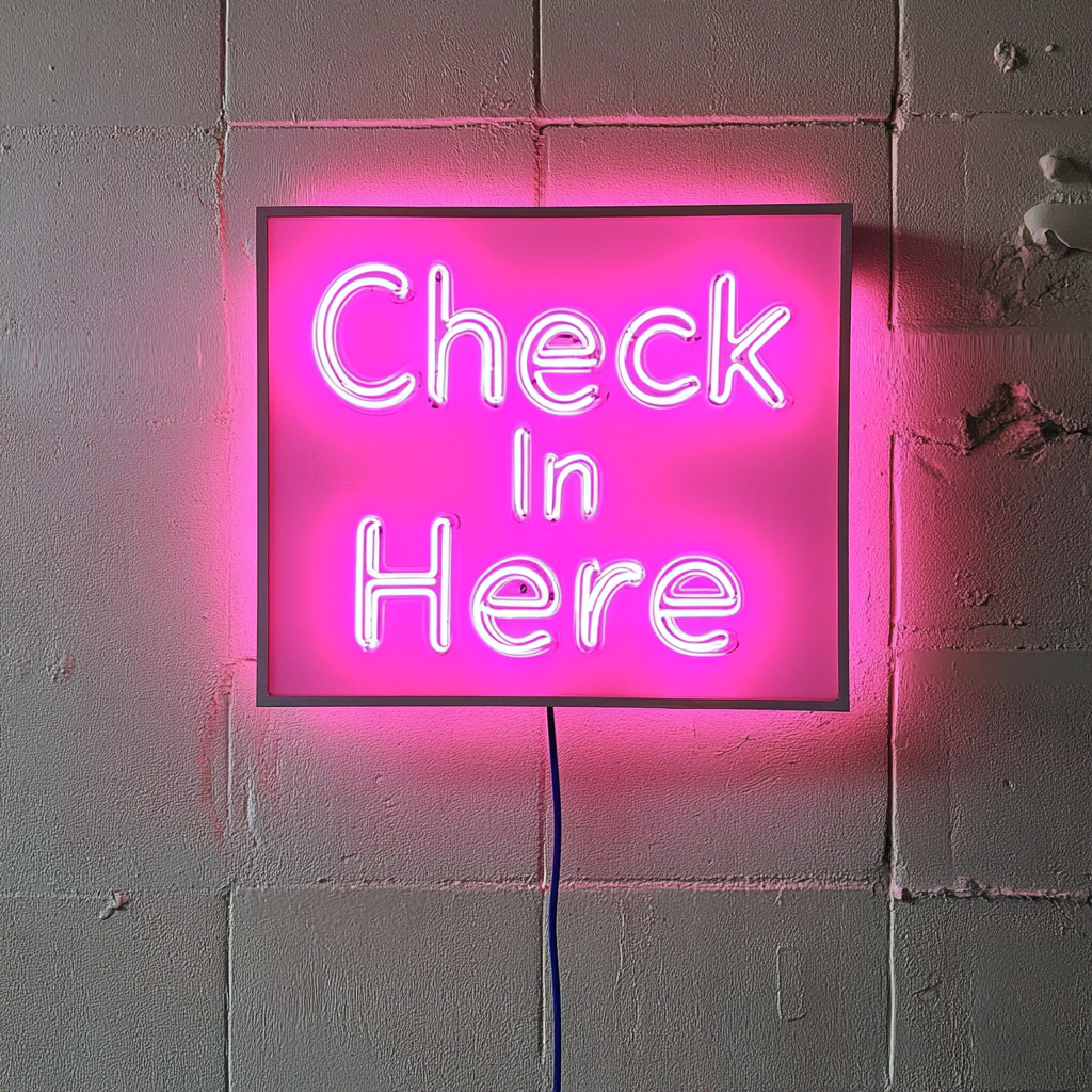 Check In Here - Pink Neon Sign, 18 Inches