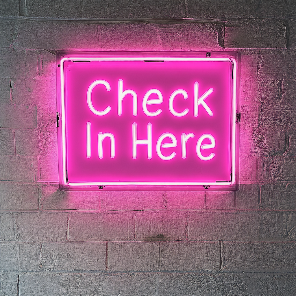 Check In Here - Pink Neon Sign, 18 Inches