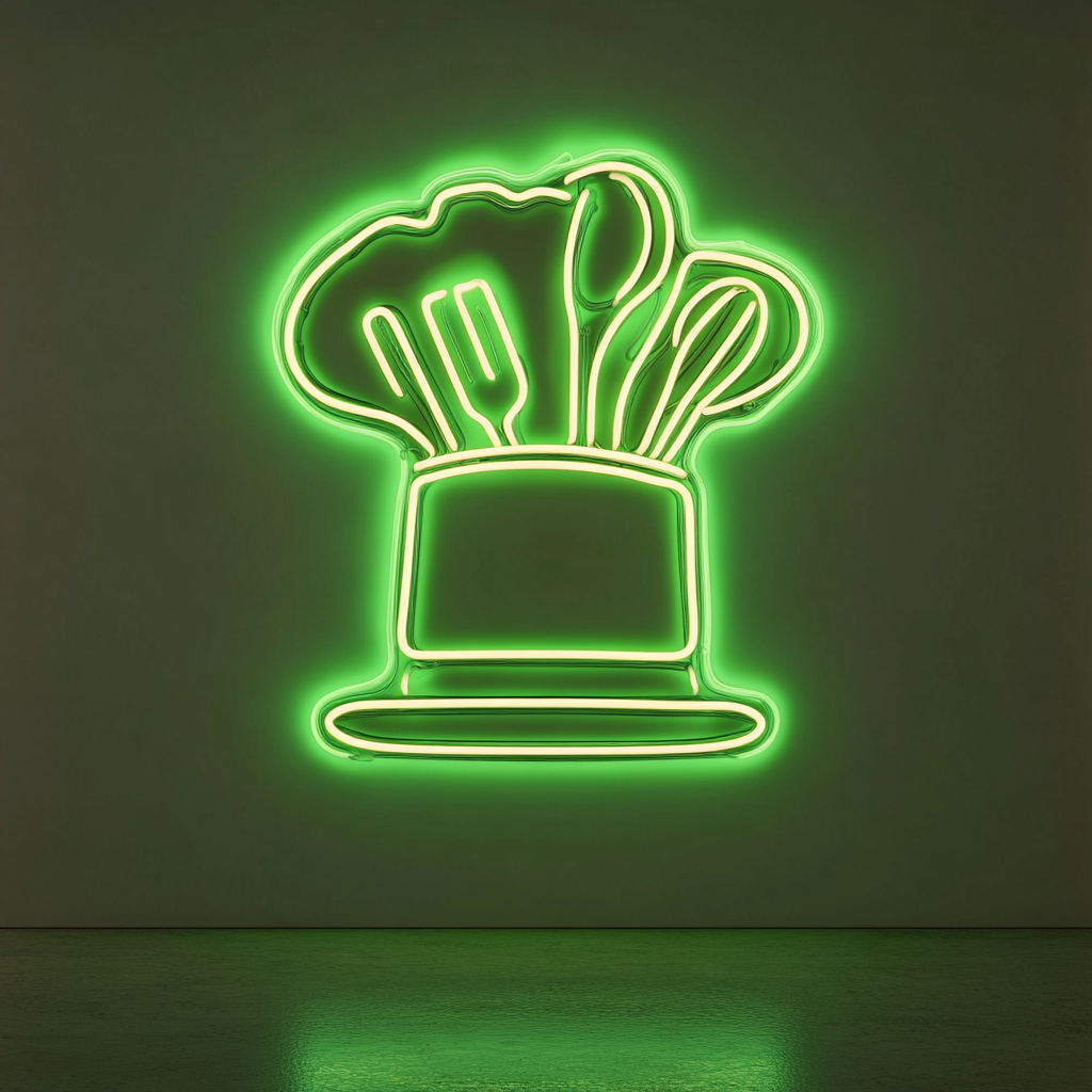 Chef's Hat with Utensils - Green Neon Sign, 18 Inches