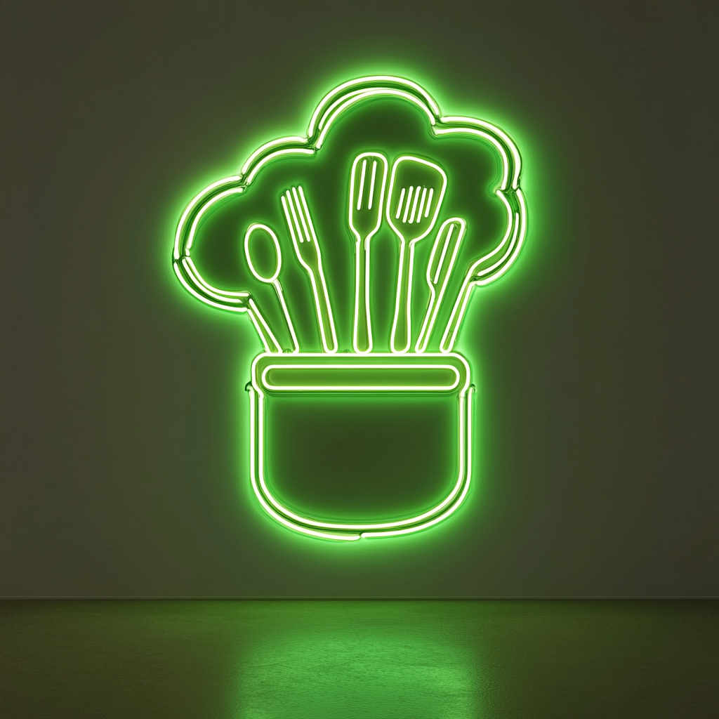 Chef's Hat with Utensils - Green Neon Sign, 18 Inches