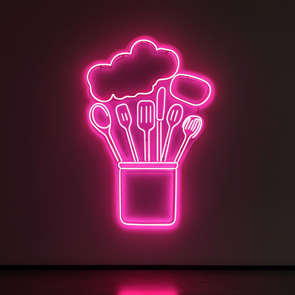 Chef's Hat with Utensils - Pink Neon Sign, 24 Inches