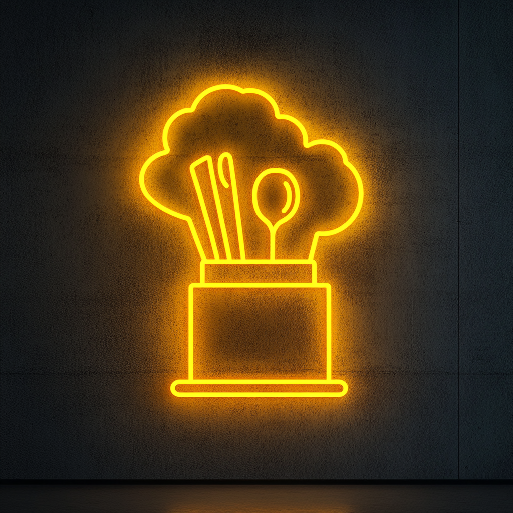 Chef's Hat with Utensils - Yellow Neon Sign, 24 Inches