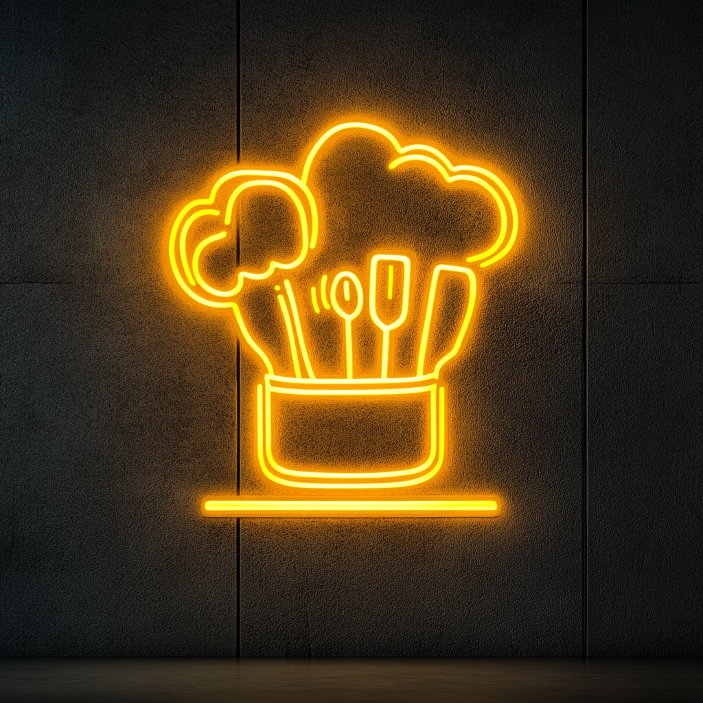 Chef's Hat with Utensils - Yellow Neon Sign, 18 Inches
