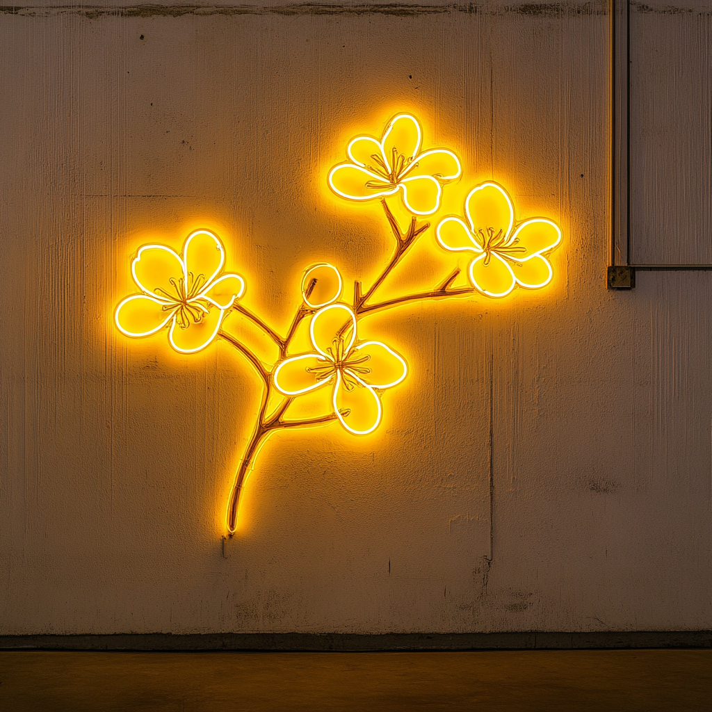 Cherry Blossom Branch - Yellow Neon Sign, 24 Inches
