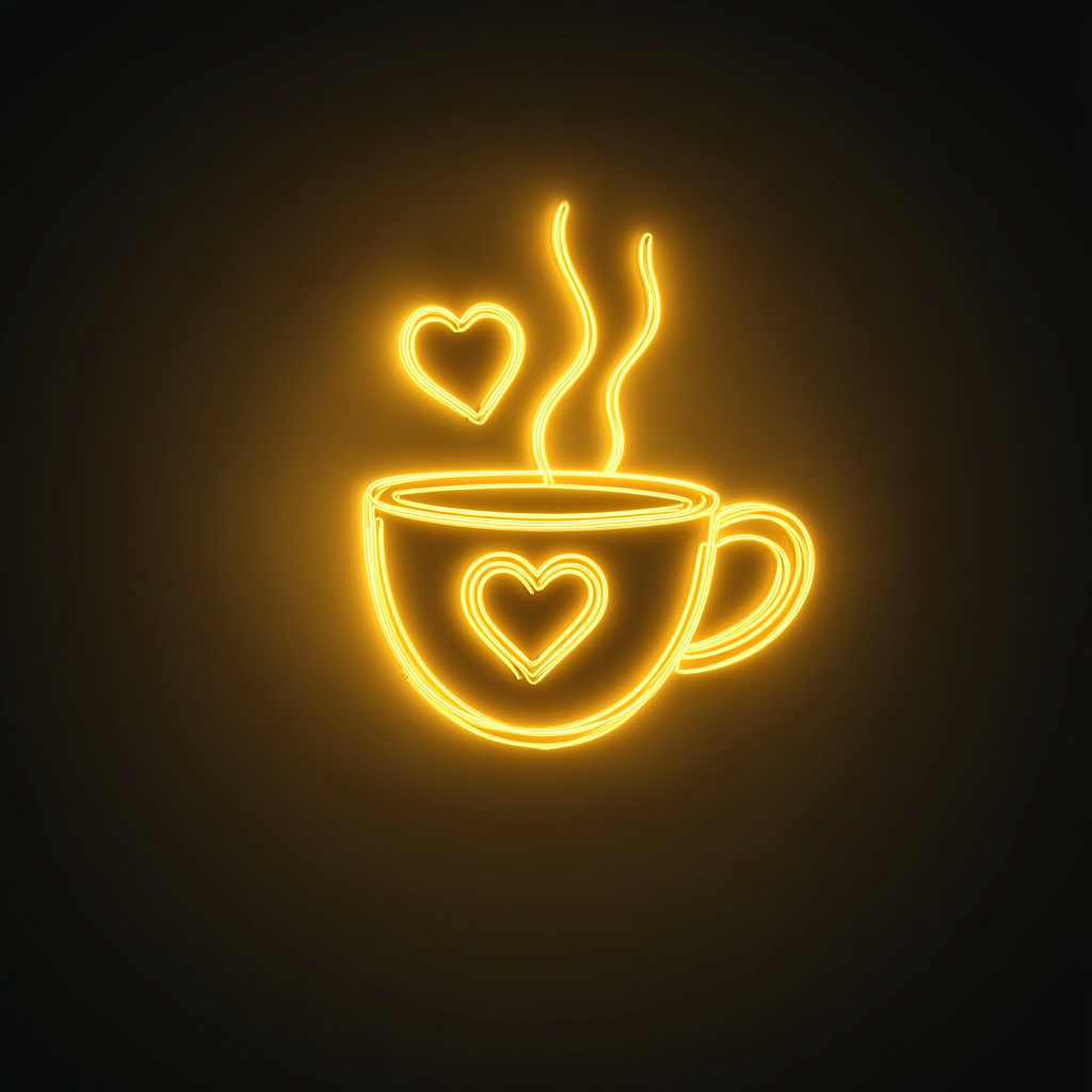 Coffee Cup with Heart Steam - Yellow Neon Sign, 24 Inches