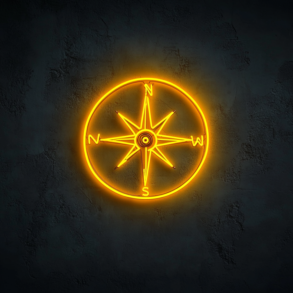 Compass with North Arrow - Yellow Neon Sign, 24 Inches