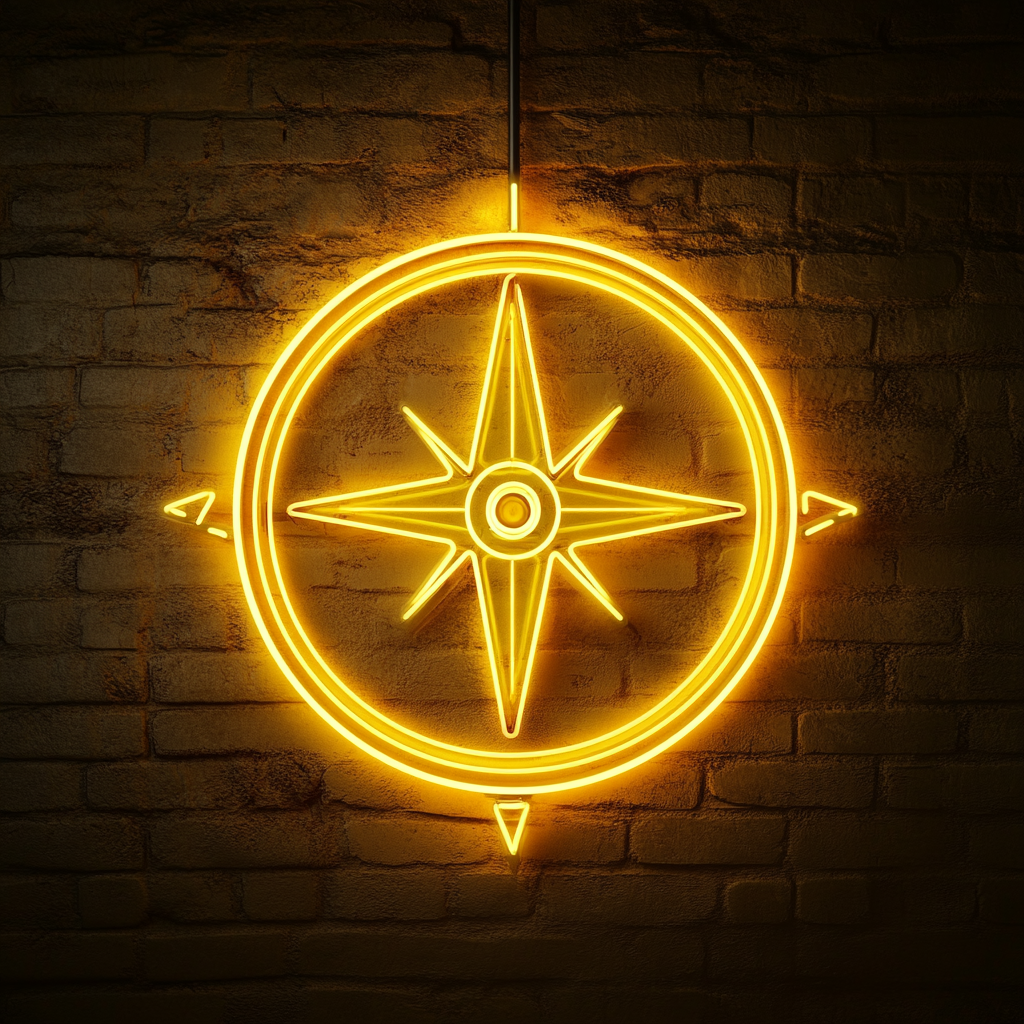 Compass with North Arrow - Yellow Neon Sign, 24 Inches