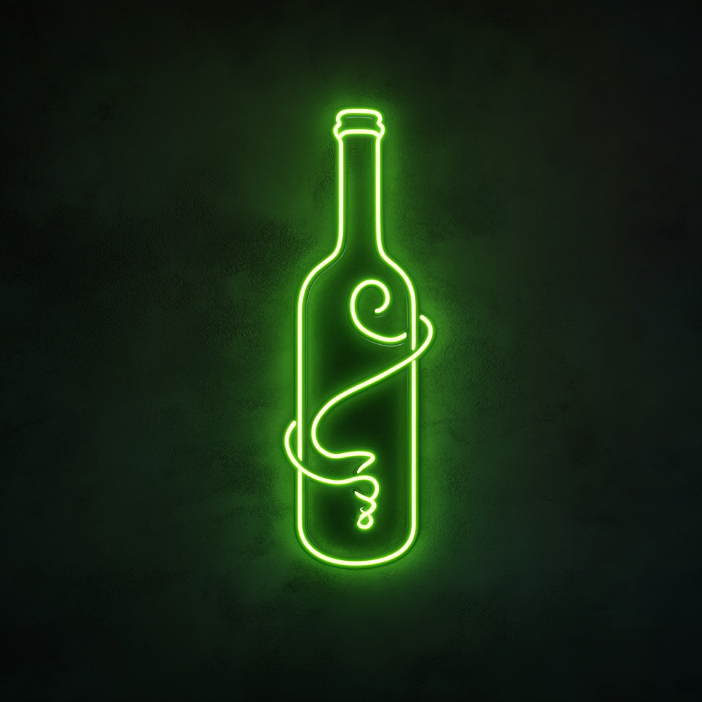 Corkscrew Twisting into Wine Bottle - Green Neon Sign, 24 Inches