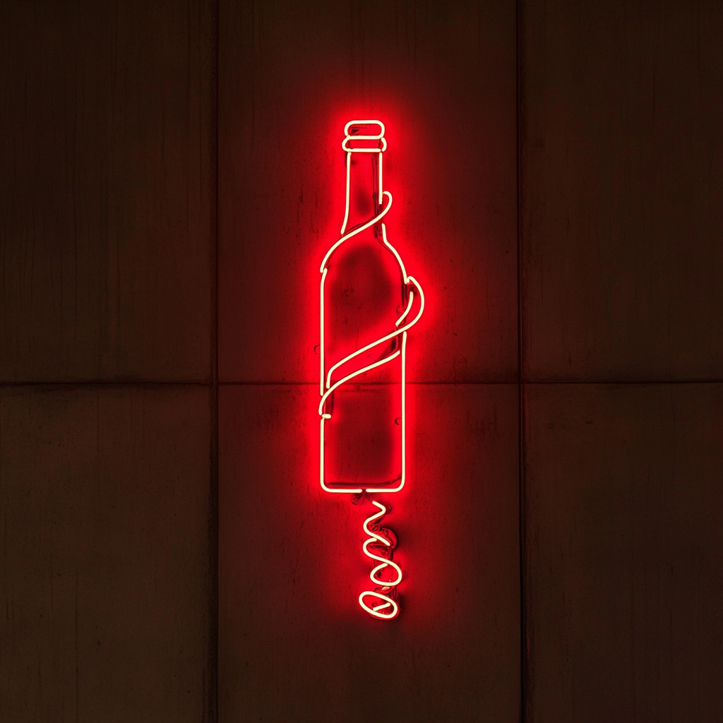 Corkscrew Twisting into Wine Bottle - Red Neon Sign, 24 Inches