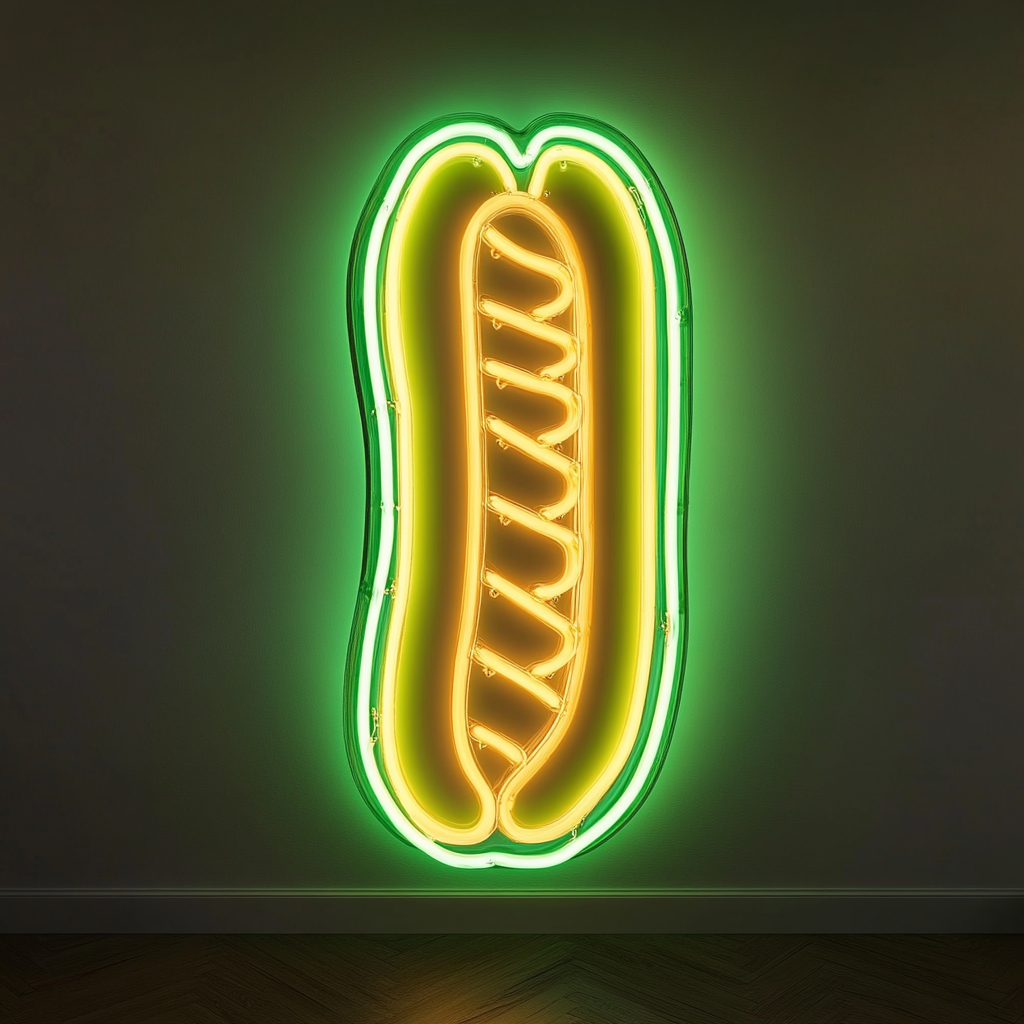 Corn Dog with Mustard - Green Neon Sign, 24 Inches