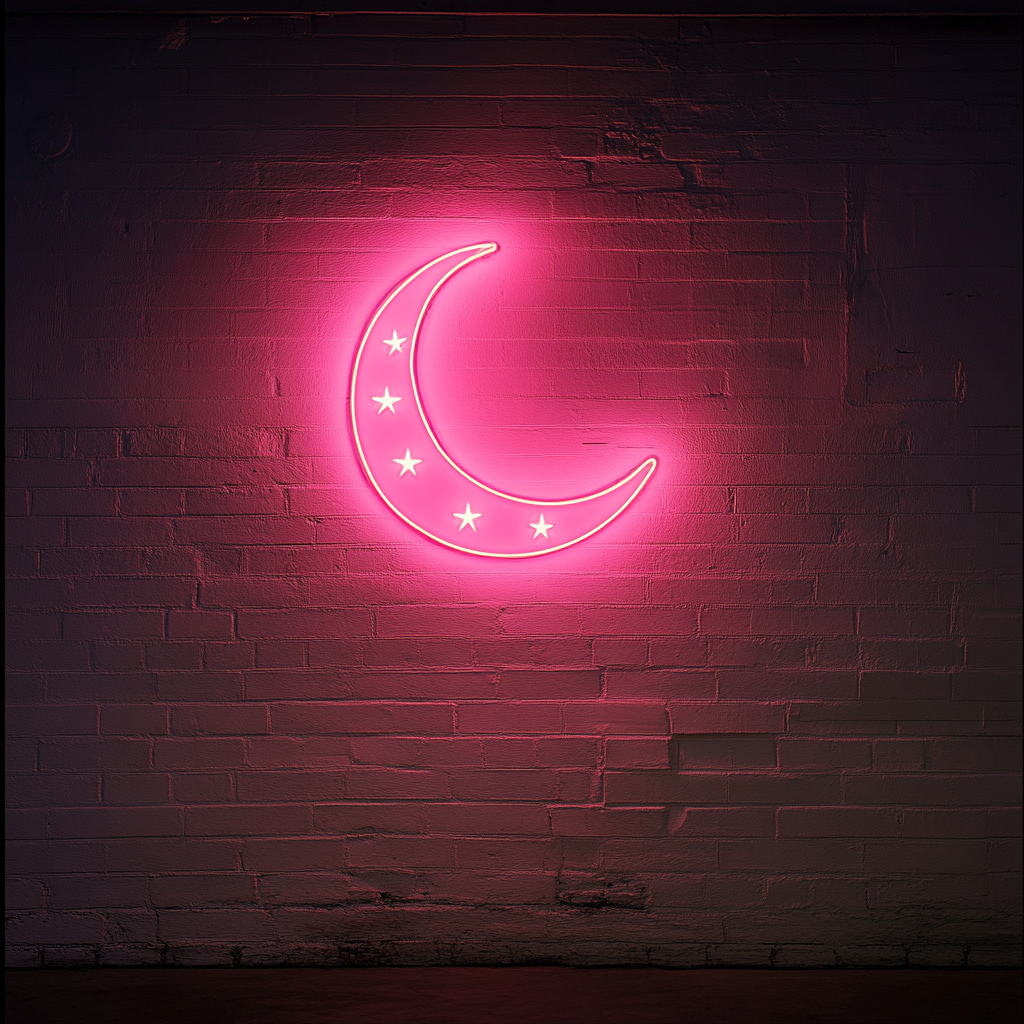 Crescent Moon with Stars - Pink Neon Sign, 18 Inches