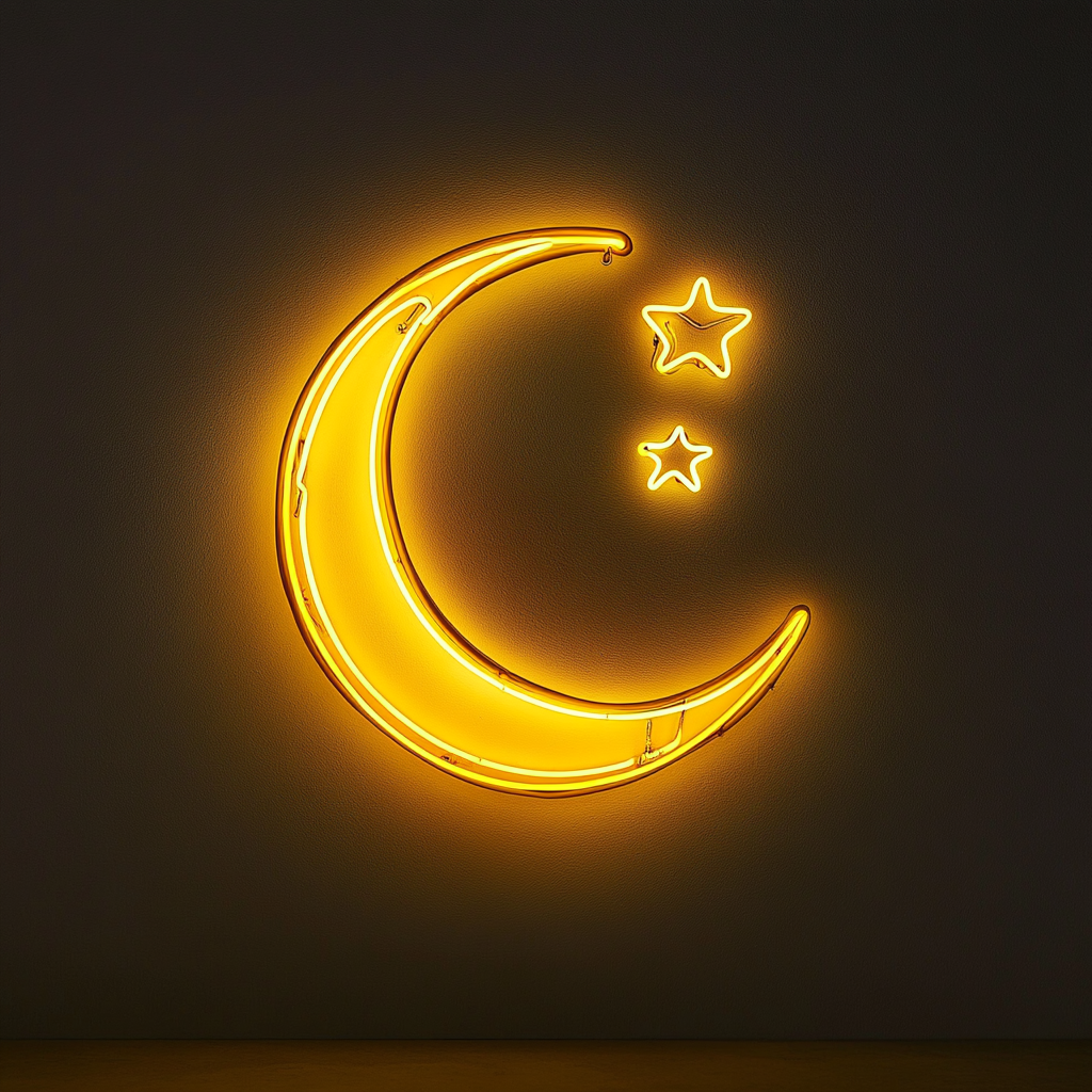 Crescent Moon with Stars - Yellow Neon Sign, 18 Inches
