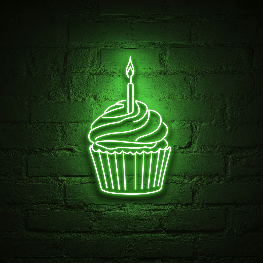 Cupcake with Birthday Candle - Green Neon Sign, 18 Inches