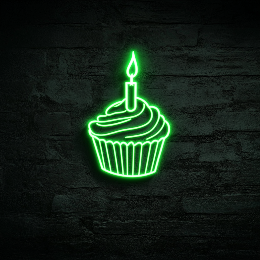 Cupcake with Birthday Candle - Green Neon Sign, 18 Inches