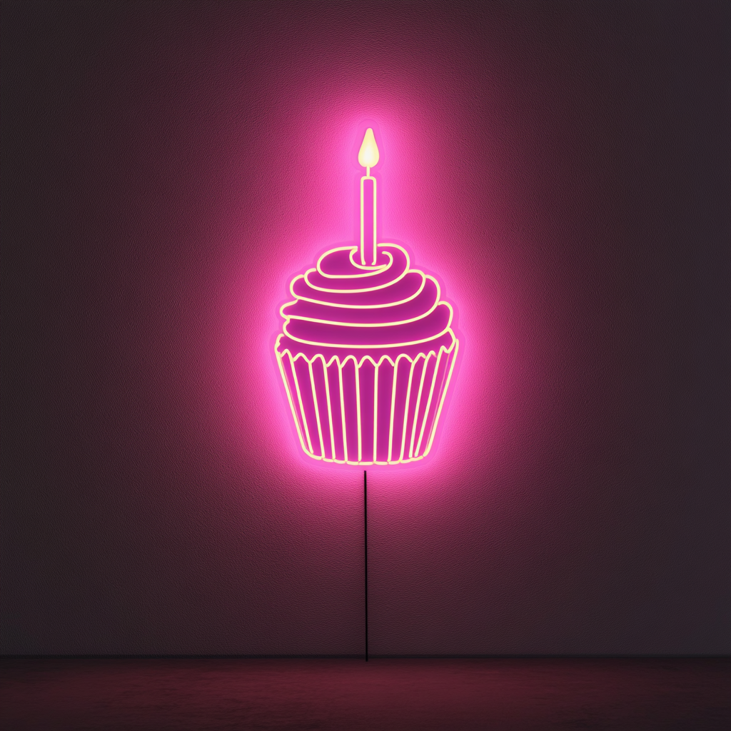 Cupcake with Birthday Candle - Pink Neon Sign, 18 Inches