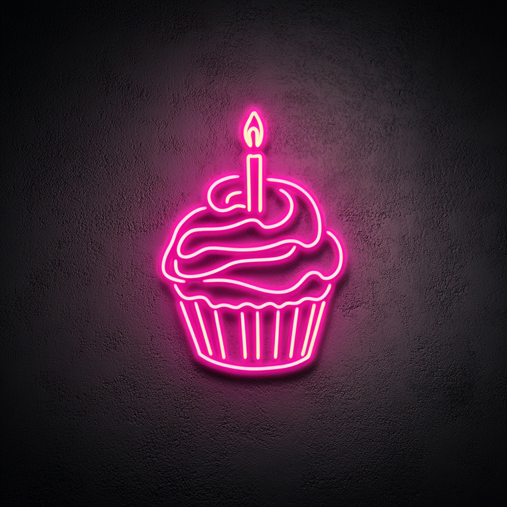 Cupcake with Birthday Candle - Pink Neon Sign, 18 Inches