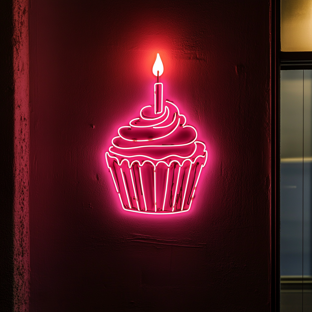 Cupcake with Birthday Candle - Pink Neon Sign, 24 Inches