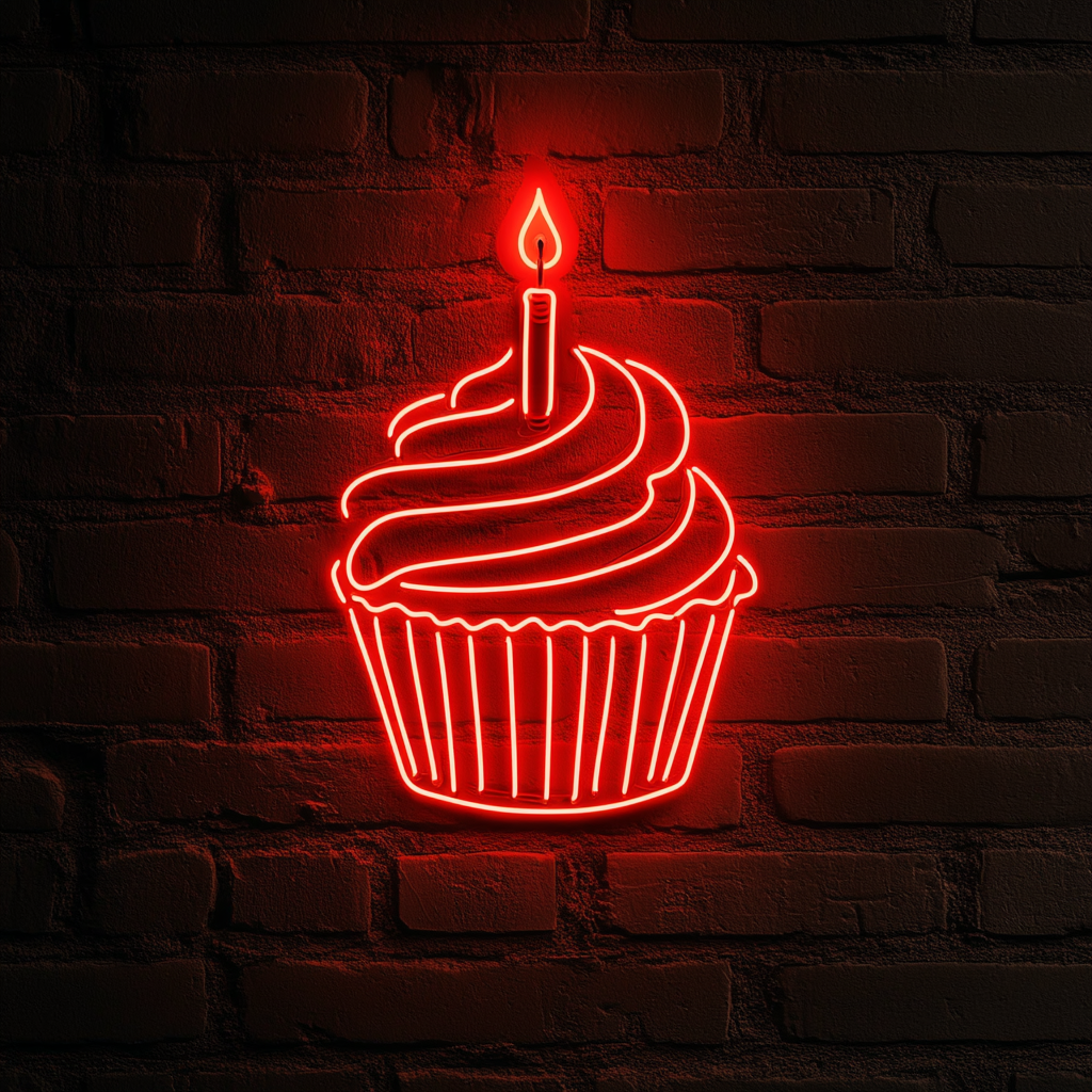 Cupcake with Birthday Candle - Red Neon Sign, 18 Inches